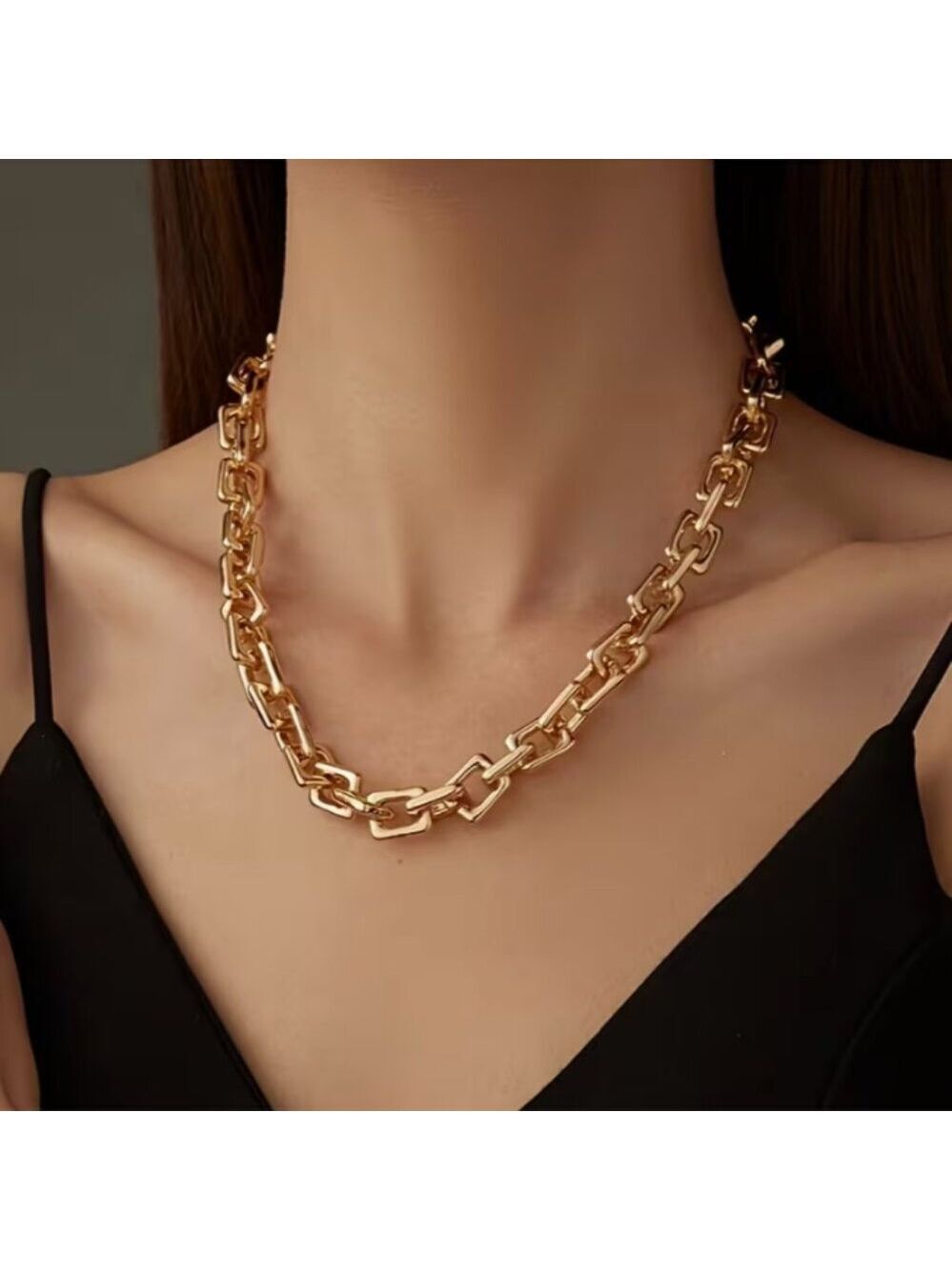 Paperclip Chain Necklace, Unisex Vintage Thick Bubble Square Pendant Gold Plated